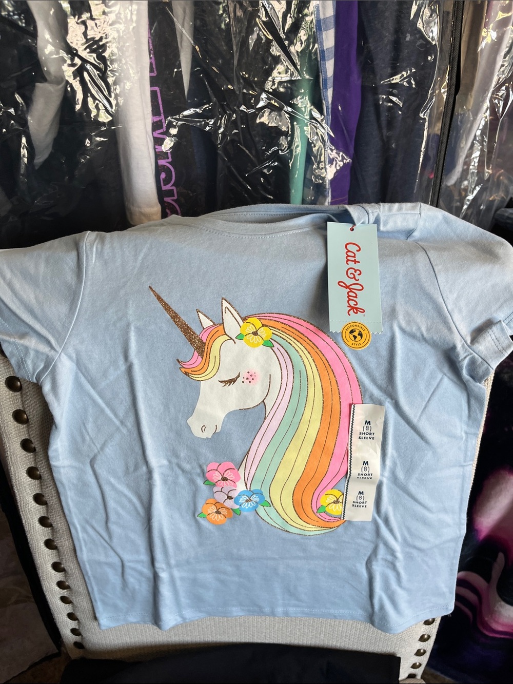 Cat & Jack Light Blue Unicorn Graphic Tee with Rainbow Mane